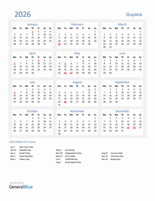 Basic Yearly Calendar with Holidays in Guyana for 2026 