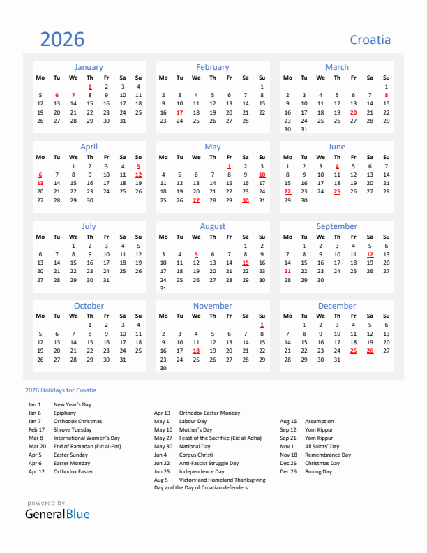 Basic Yearly Calendar with Holidays in Croatia for 2026 