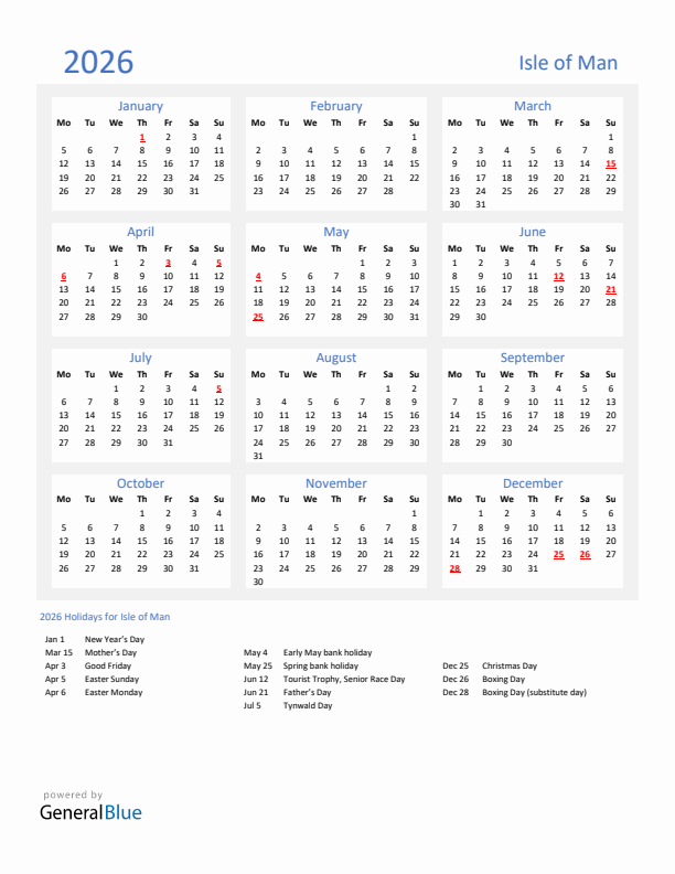 Basic Yearly Calendar with Holidays in Isle of Man for 2026 