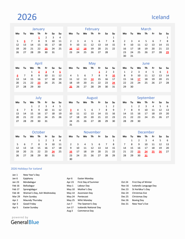 Basic Yearly Calendar with Holidays in Iceland for 2026 