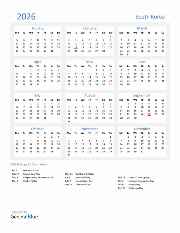 Basic Yearly Calendar with Holidays in South Korea for 2026 