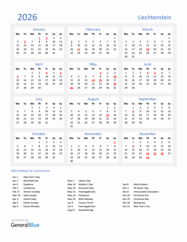 Basic Yearly Calendar with Holidays in Liechtenstein for 2026 