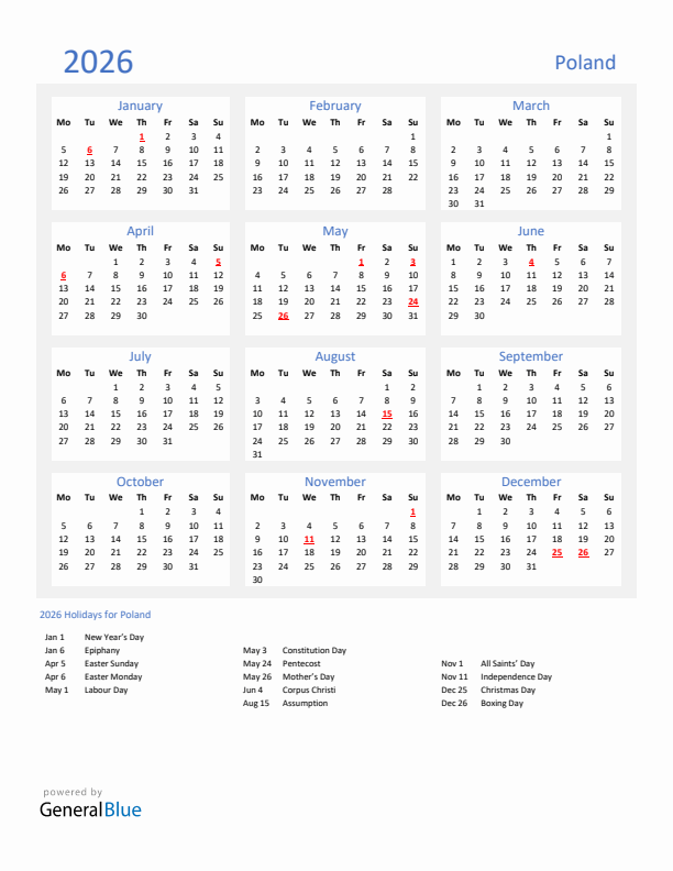 Basic Yearly Calendar with Holidays in Poland for 2026 