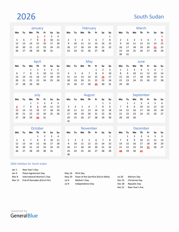 Basic Yearly Calendar with Holidays in South Sudan for 2026 