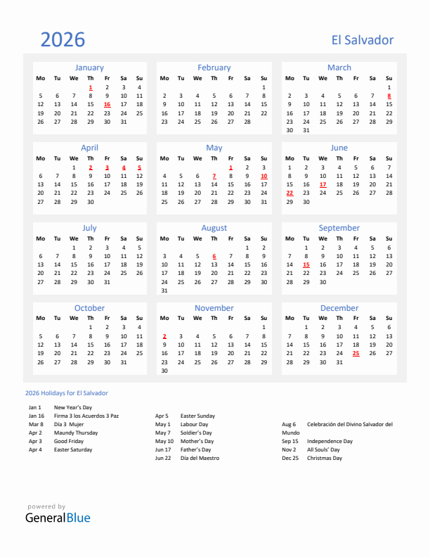 Basic Yearly Calendar with Holidays in El Salvador for 2026 