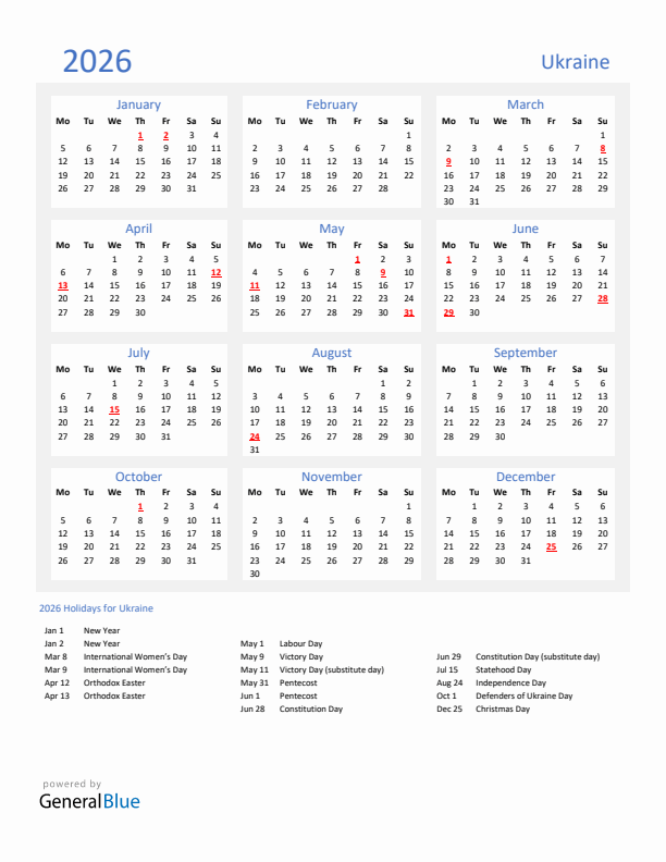 Basic Yearly Calendar with Holidays in Ukraine for 2026 