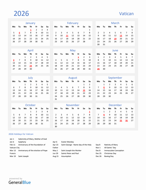 Basic Yearly Calendar with Holidays in Vatican for 2026 