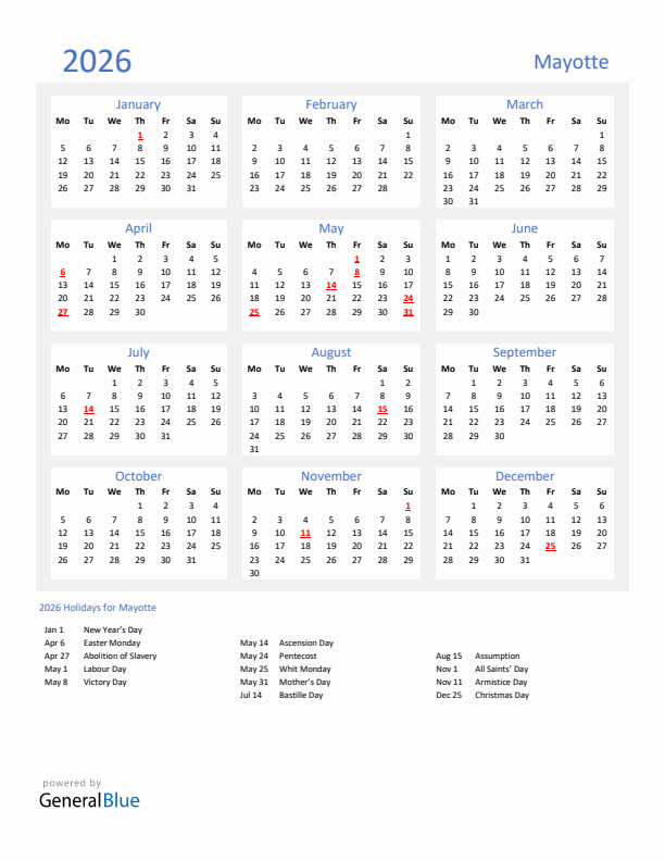 Basic Yearly Calendar with Holidays in Mayotte for 2026 