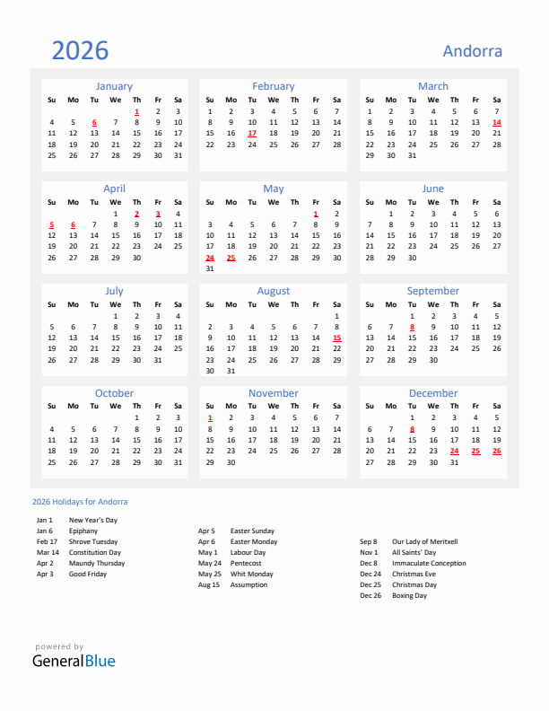 Basic Yearly Calendar with Holidays in Andorra for 2026 