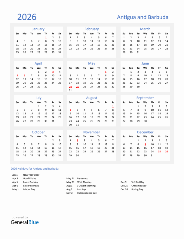 Basic Yearly Calendar with Holidays in Antigua and Barbuda for 2026 