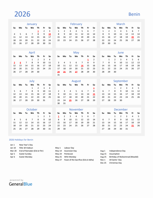 Basic Yearly Calendar with Holidays in Benin for 2026 