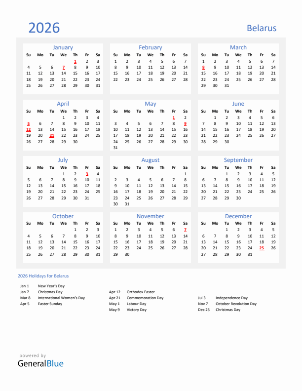 Basic Yearly Calendar with Holidays in Belarus for 2026 