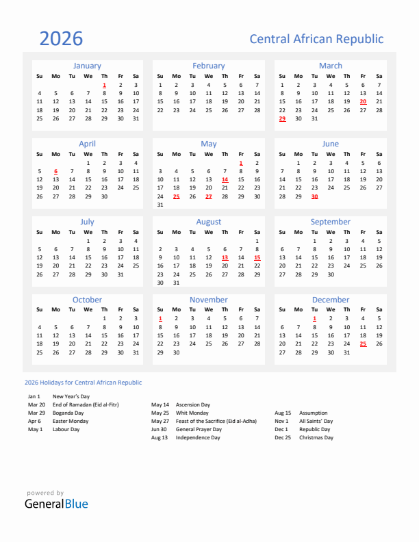 Basic Yearly Calendar with Holidays in Central African Republic for 2026 