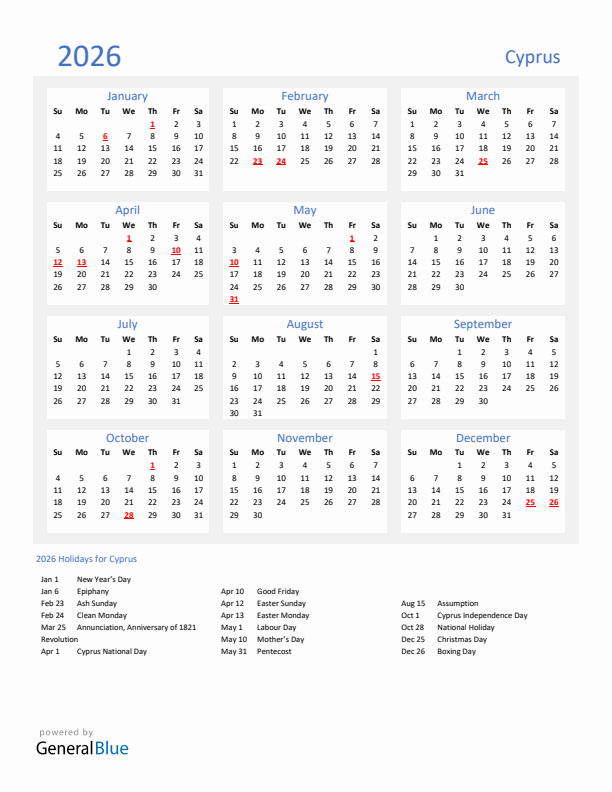 Basic Yearly Calendar with Holidays in Cyprus for 2026 