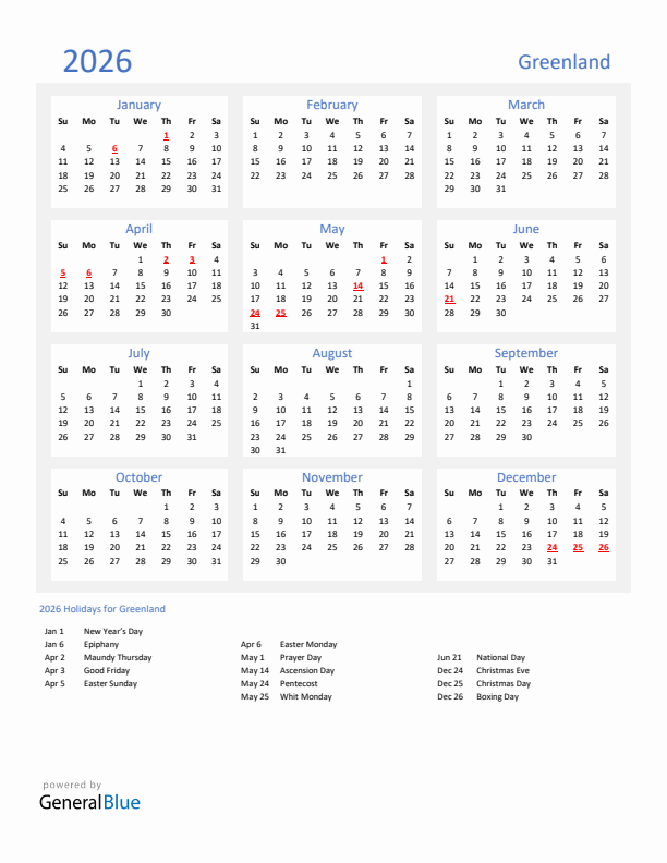 Basic Yearly Calendar with Holidays in Greenland for 2026 