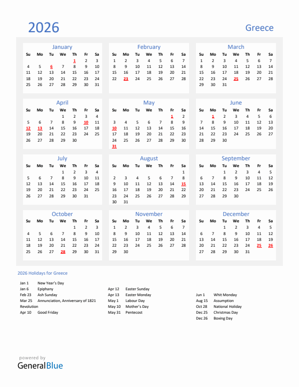 Basic Yearly Calendar with Holidays in Greece for 2026 