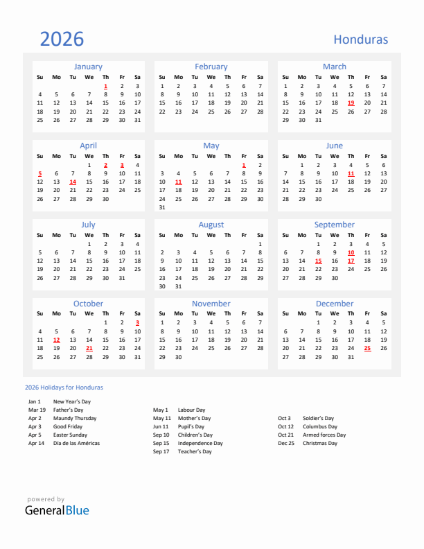 Basic Yearly Calendar with Holidays in Honduras for 2026 