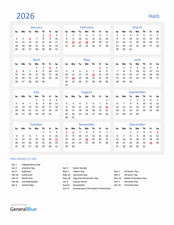 Basic Yearly Calendar with Holidays in Haiti for 2026 