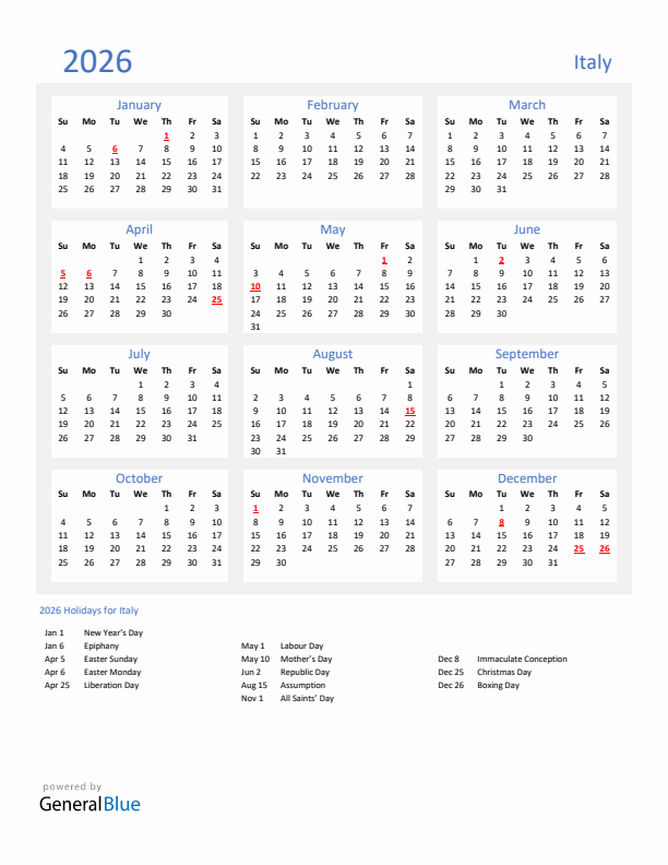 Basic Yearly Calendar with Holidays in Italy for 2026 