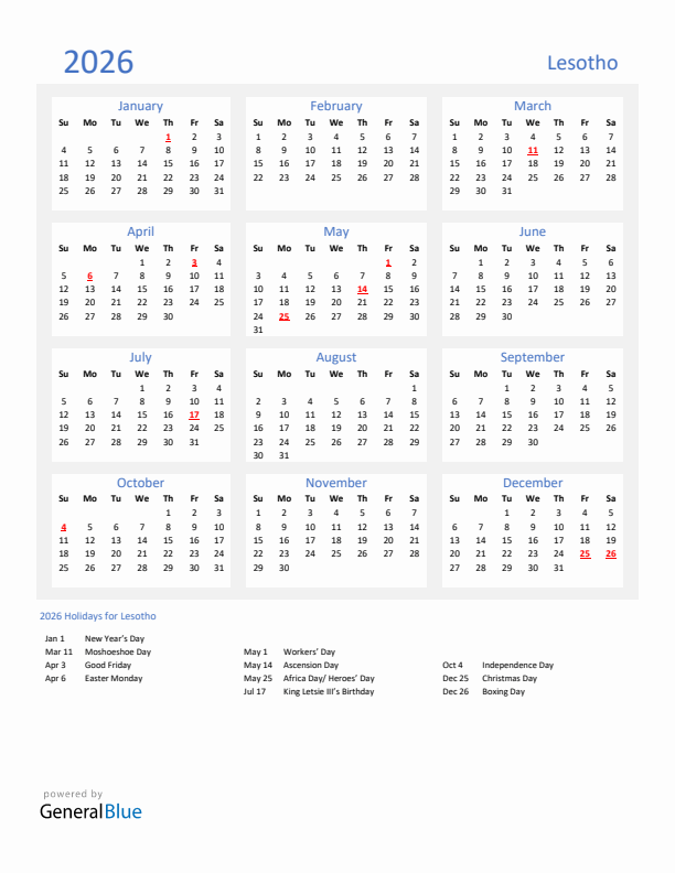 Basic Yearly Calendar with Holidays in Lesotho for 2026 