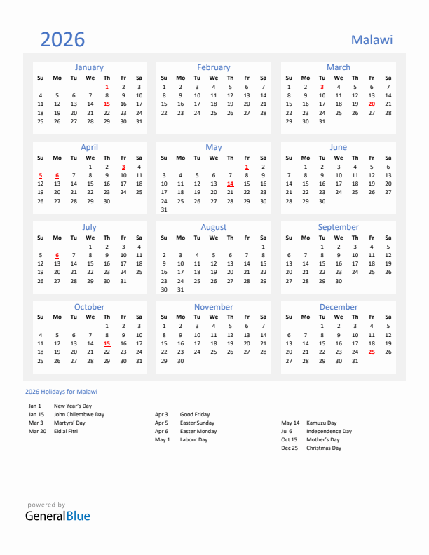 Basic Yearly Calendar with Holidays in Malawi for 2026 