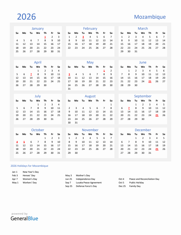 Basic Yearly Calendar with Holidays in Mozambique for 2026 