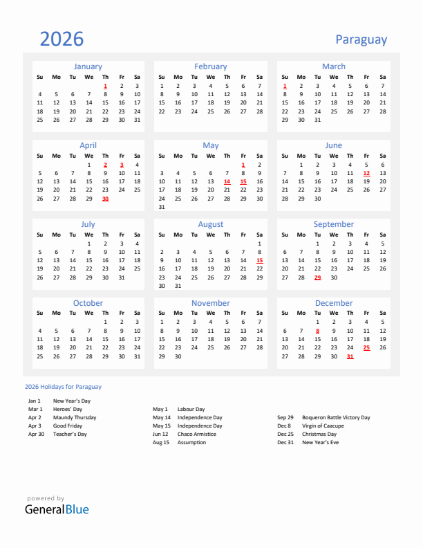 Basic Yearly Calendar with Holidays in Paraguay for 2026 