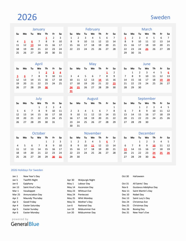 Basic Yearly Calendar with Holidays in Sweden for 2026 