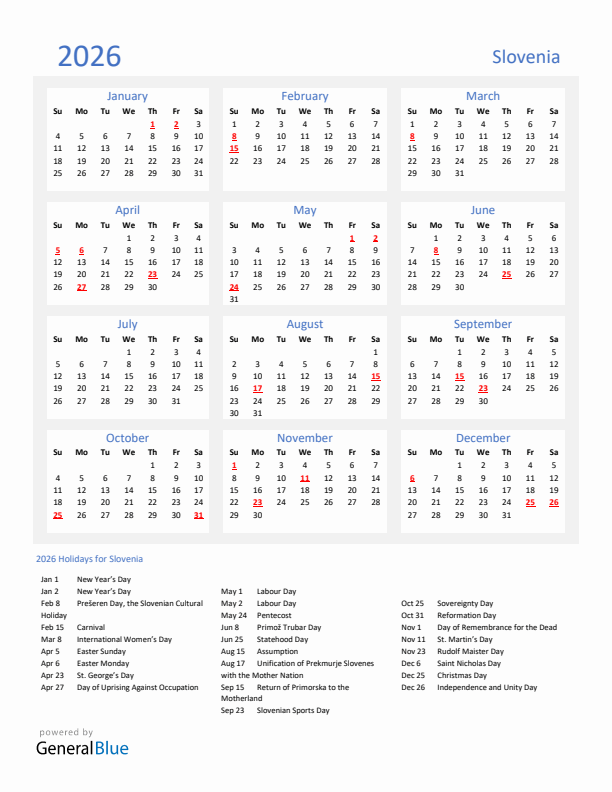 Basic Yearly Calendar with Holidays in Slovenia for 2026 