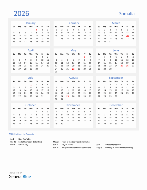 Basic Yearly Calendar with Holidays in Somalia for 2026 