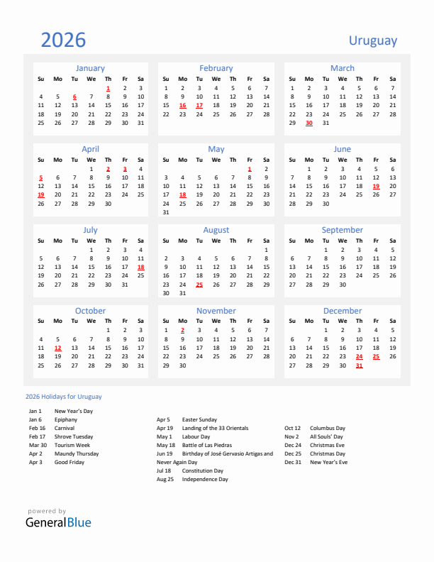 Basic Yearly Calendar with Holidays in Uruguay for 2026 