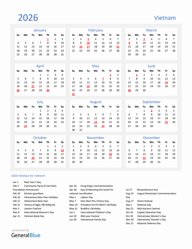 Basic Yearly Calendar with Holidays in Vietnam for 2026 