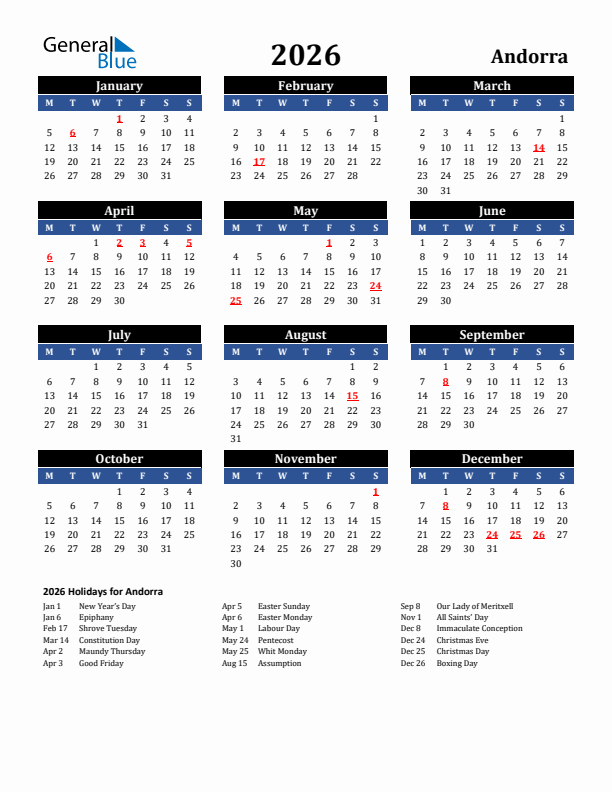 2026 Andorra Holiday Calendar