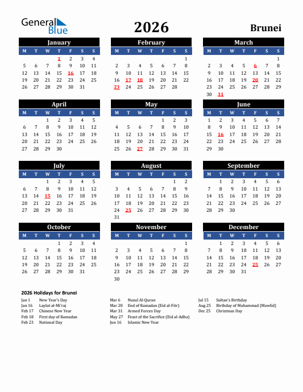 2026 Brunei Holiday Calendar