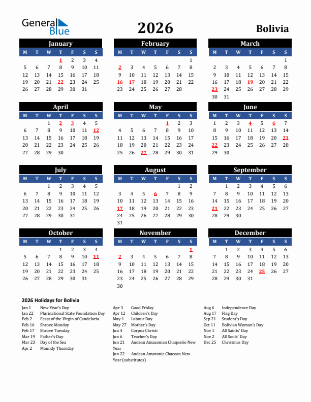 2026 Bolivia Holiday Calendar