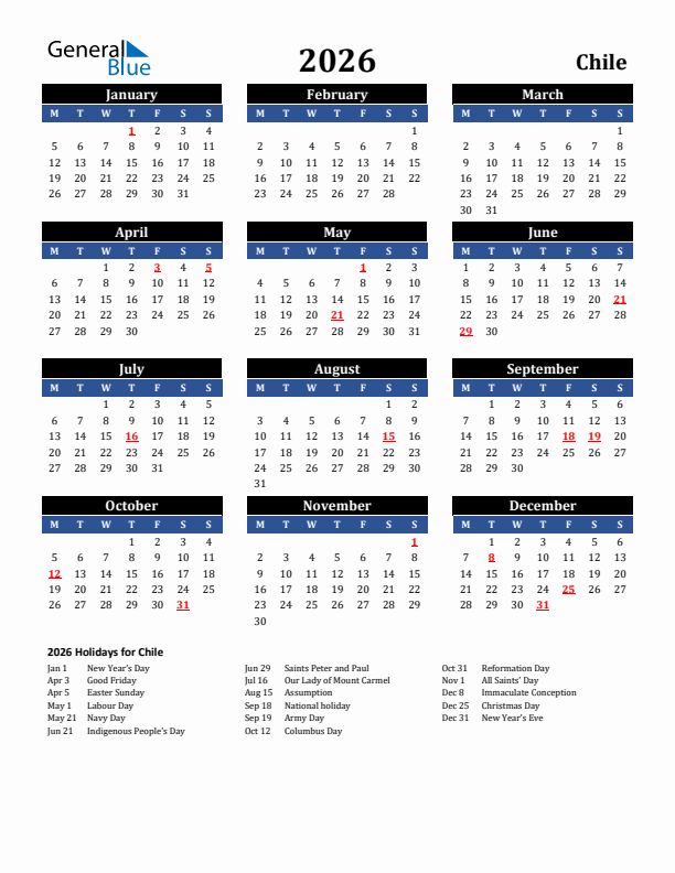 2026 Chile Holiday Calendar