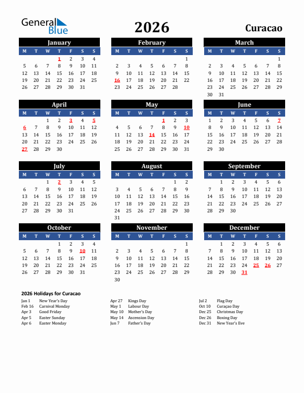 2026 Curacao Holiday Calendar