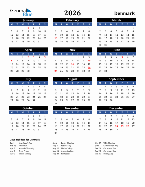 2026 Denmark Holiday Calendar