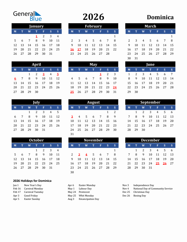 2026 Dominica Holiday Calendar