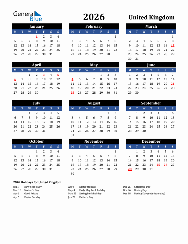 2026 United Kingdom Holiday Calendar