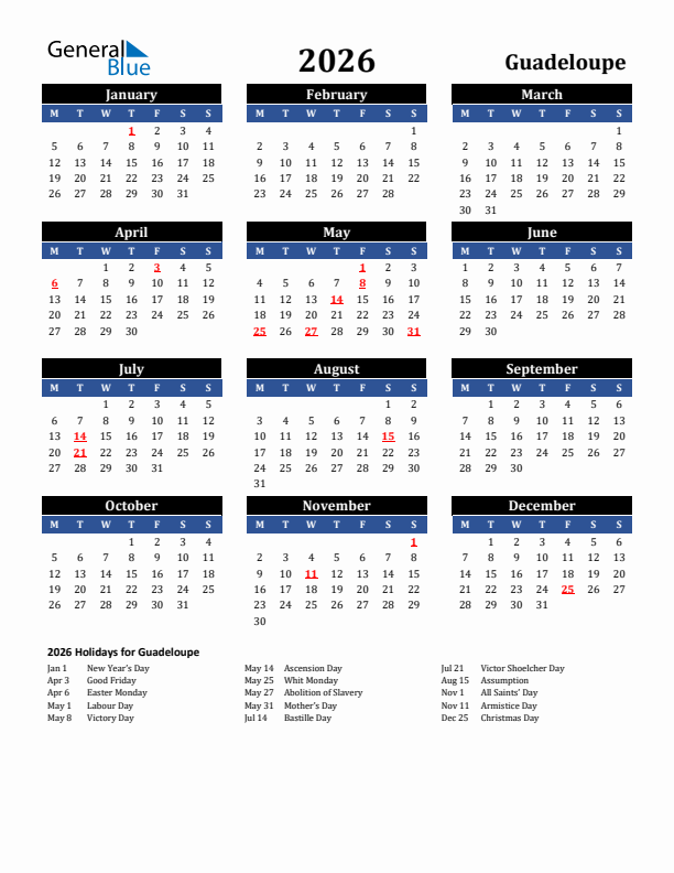 2026 Guadeloupe Holiday Calendar