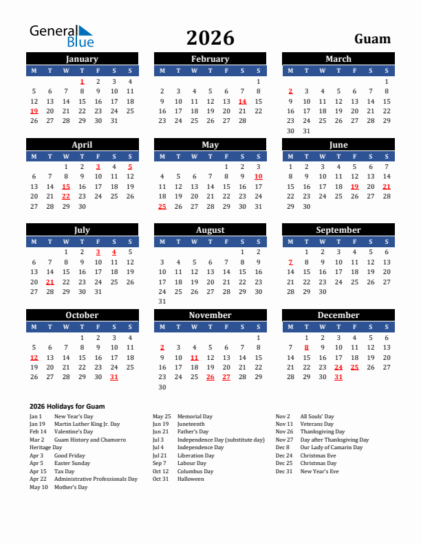 2026 Guam Holiday Calendar