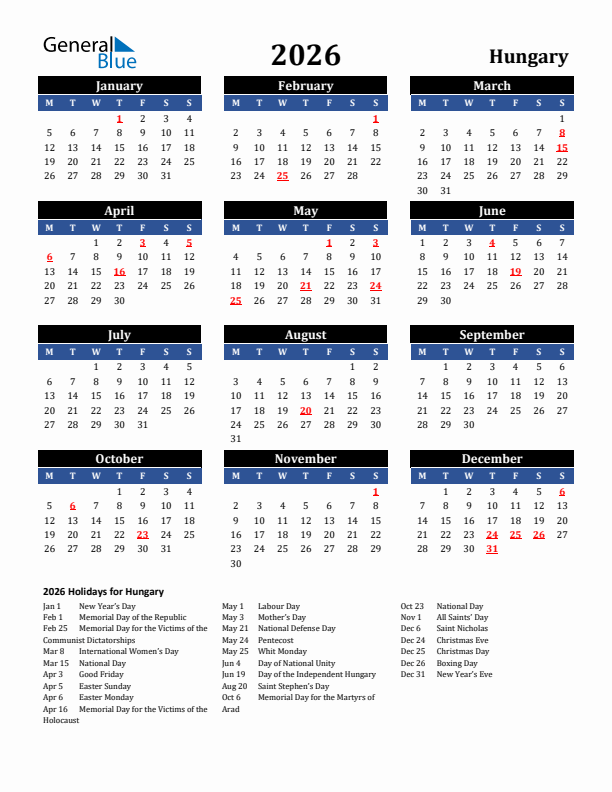 2026 Hungary Holiday Calendar