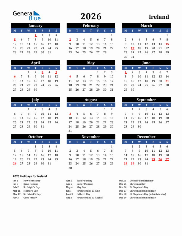 2026 Ireland Holiday Calendar