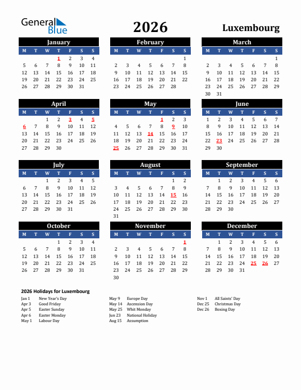 2026 Luxembourg Holiday Calendar