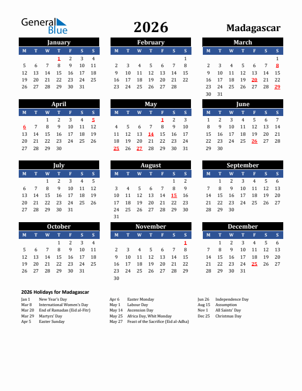 2026 Madagascar Holiday Calendar