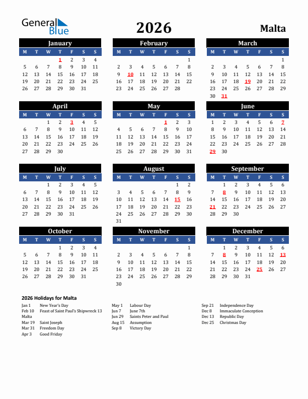 2026 Malta Holiday Calendar