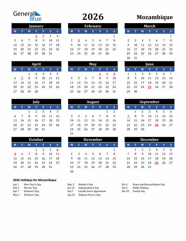 2026 Mozambique Holiday Calendar