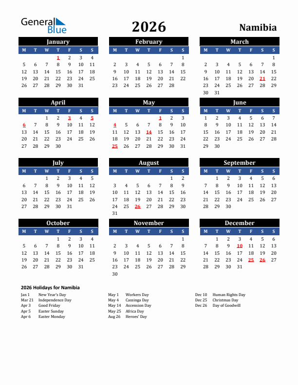 2026 Namibia Holiday Calendar