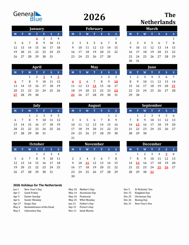 2026 The Netherlands Holiday Calendar